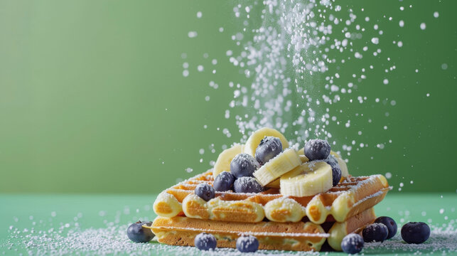 Freshly made waffles with blueberries and banana slices being sprinkled with powdered sugar on green background