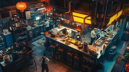 Top-down view of a bustling urban kitchen in a dystopian future
