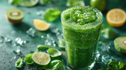 A green smoothie is poured into a glass on a table with a green background