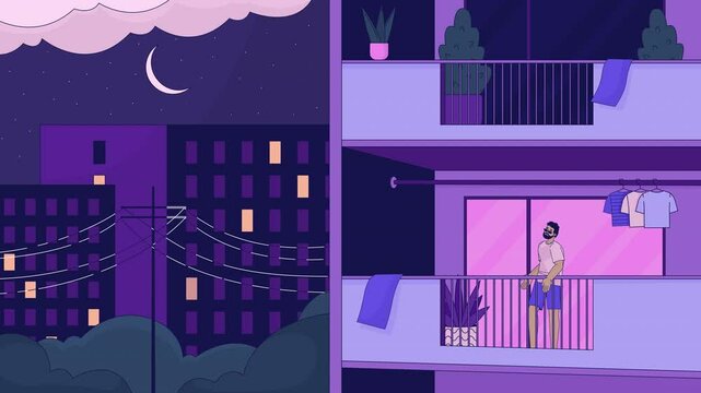 Black man standing on balcony late night lo fi animated cartoon background. Enjoying evening city introvert lofi aesthetic live wallpaper animation. Alone time chill scene 4K video motion graphic