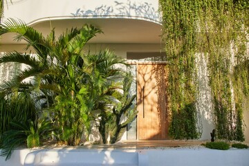 An entrance to the white villa overgrown with green tropical plants in Bali