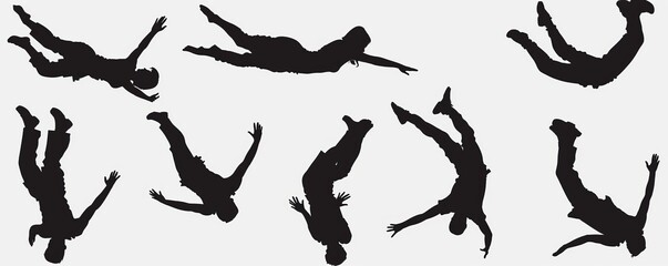 Various people falling from great heights. Modern silhouettes of people in the fall.