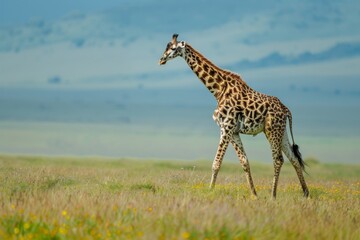 Fototapeta premium A giraffe (giraffa) walks in a field in the grasslands of a savanna with a hazy silhouette of mountains in the background; Maasai Mara National Park, Kenya.