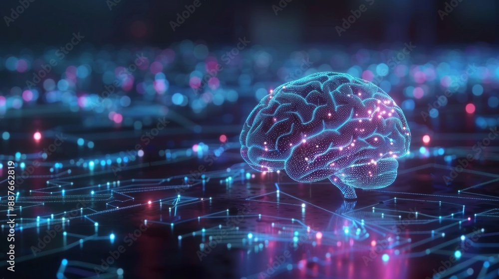 Fototapete a brain is shown in a computerized form, with a blue and red color scheme