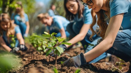 A group of people are planting trees in a field