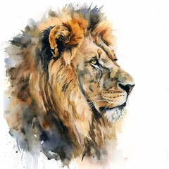Lion Watercolor lion portrait painting. Realistic wild animal illustration on white background, Ai generated