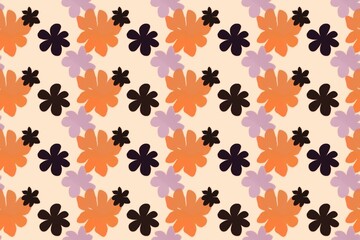 orange black lilac flowers and leaves. Seamless floral design textile.