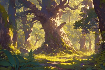 A peaceful forest scene featuring tall, ancient trees covered in thick moss and surrounded by ferns