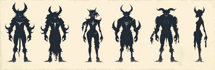 Fototapeta premium Demon devil and hell silhouettes set, large contemporary silhouette design, isolated white background