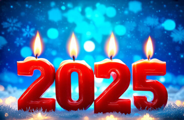 Festive background Happy New Year 2025 with bokeh. Red burning candles in the form of numbers 2025 on a snowy festive blurred background. Christmas and New Year holidays concept.
