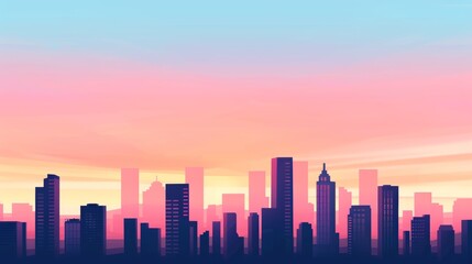 Modern graphic design of an urban skyline at dusk, with silhouettes of skyscrapers against a colorful sky, showcasing the beauty of city life