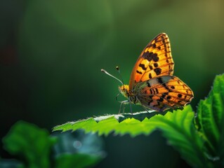 Obraz premium A vibrant orange butterfly perched on a leaf with a blurred green background, capturing the beauty of nature in a close-up shot.