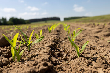 corn sprouts in sunny spring weather