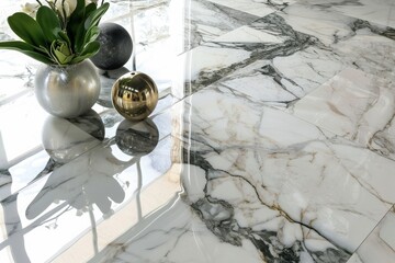 A checkerboard marble floor in black and white, Close up Marble tiles, subway tile Carrara marble wall background, Ai generated