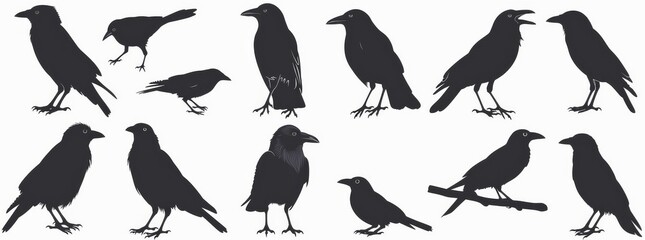 Obraz premium Collection of isolated black silhouette birds, crows