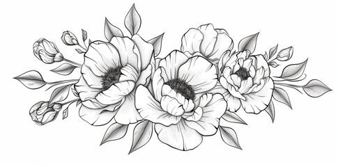 A pink peony flower arrangement drawn within a white background. A silhouette botanical element which can be used for weddings, invitation frames, modern illustrations, etc.