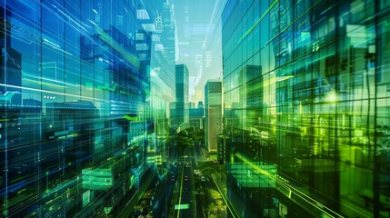 Futuristic AI Analysis of Energy Consumption in Smart Buildings - Digital Art in Blue and Green for Efficient Energy Use