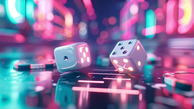 Glowing dice on reflective surface with neon lights. Casino gambling  background