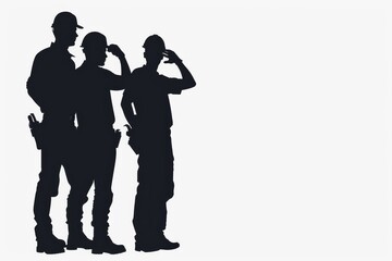 A collection of modern bricklayer silhouettes, wearing construction uniforms. A collection of modern construction worker silhouettes, standing in various poses.