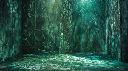 Fototapeta premium Theatrical backdrop with a deep green hue, creating a textured and inviting atmosphere.