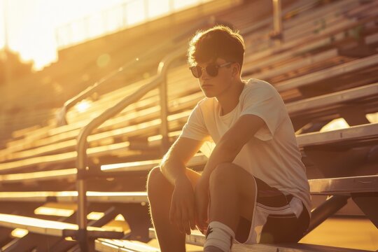 Runner on bleachers sitting outside with a prosthetic blade