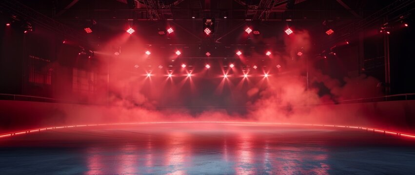 This is a red ice rink background with red neon lights and spotlights with smoke. It can be used for hockey competitions and winter posters. Ice skating. Stadium. Stock created from a red background