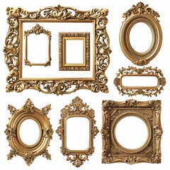 Set of Vintage Golden and wooden frame, decorative elegant luxury frame illustration design on a white background, Ai generated