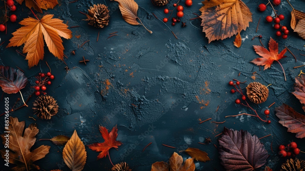 Poster autumn themed border with vibrant leaves and natural elements on dark rustic background top view wit