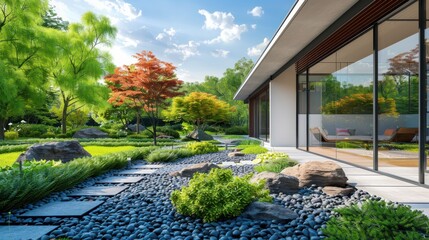 A house with a large yard and a path leading to it