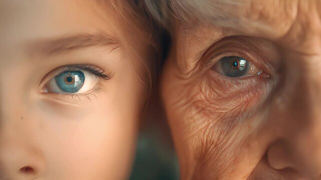 Generational beauty, young and old women faces in close-up.