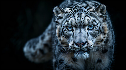 Fototapeta premium snow leopard, close-up photo, black background, exotic animal