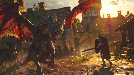 A chimera battling a knight with a dragon in a medieval village at sunset