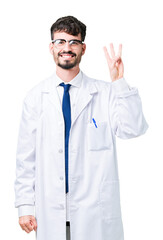 Young professional scientist man wearing white coat over isolated background showing and pointing up with fingers number three while smiling confident and happy.