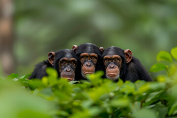 Three chimpanzees sit in the undergrowth bushes and look at the camera, protection and care for animals and ecology