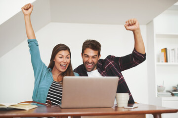 Happy, couple and laptop for success in house celebration of loan approval, financial freedom and...