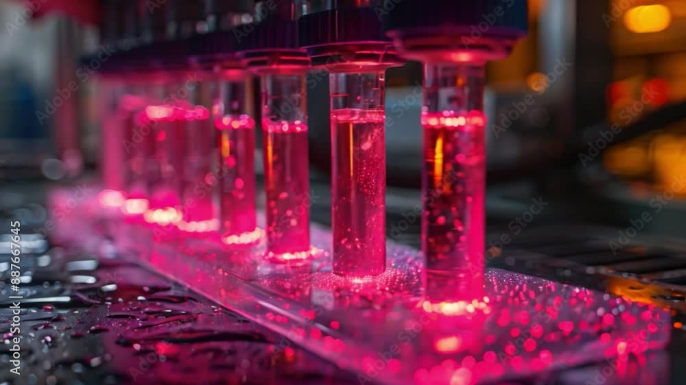 Poster close-up view of a lab-on-a-chip experiment in progress, showing a row of glass tubes filled with a 