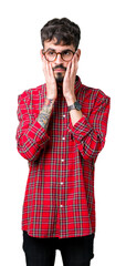 Young handsome man wearing glasses over isolated background Tired hands covering face, depression and sadness, upset and irritated for problem