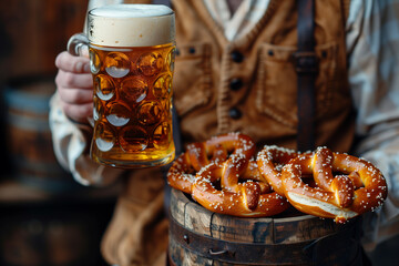 Fototapeta premium Traditional Bavarian man in lederhosen holding beer stein against a rustic wooden background with copy space 