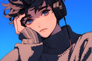 Fototapeta premium Boy wearing headphones listening to music, aesthetic blue background Anime style illustration, anime background, fashion , character
