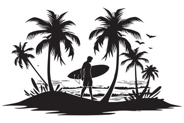 summer art design palm tree surfing man beach white background