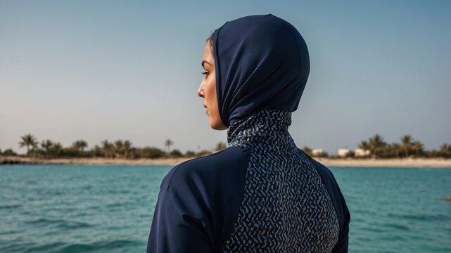 Woman wearing a blue burkini standing in the ocean, gazing towards a beach with palm trees in the distance.
