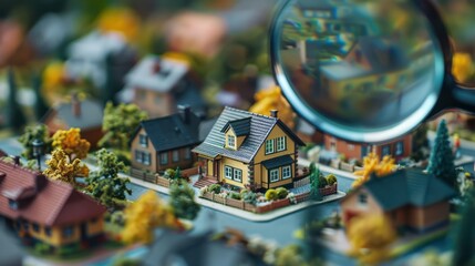 A magnified view of a neighborhood with houses and trees