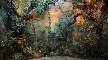Recycled metal jungle with exotic birds and animals in dreamlike background