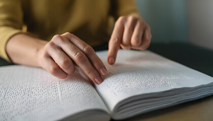 Hands of a blind person reading from a book in Braille.