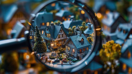 A magnified view of a small town with houses and trees