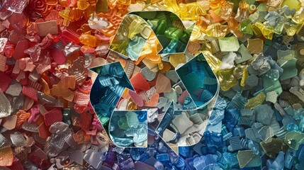 Recycling symbol in mosaic of recycled glass and plastic with swirling patterns background