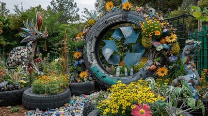 Whimsical garden with recycling symbol backdrop of recycled tires and colorful flowers