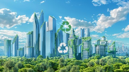 Obraz premium Recycling symbol on futuristic skyscrapers cityscape background with skies and parks