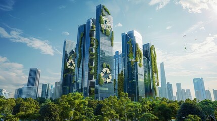 Obraz premium City skyscrapers with recycling symbol futuristic backdrop of clear skies and green parks