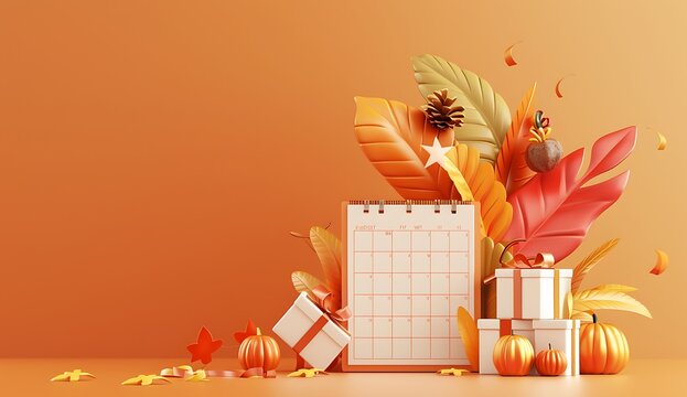 3D illustration of a desk calendar with autumn leaves and pumpkins